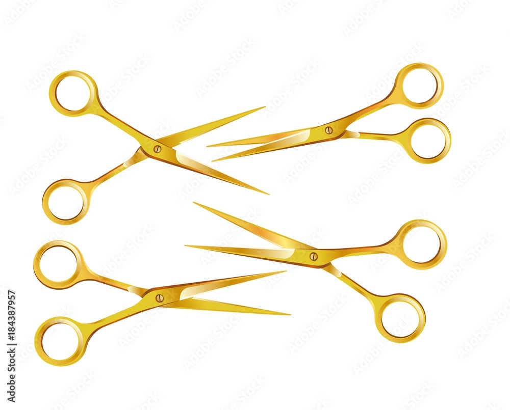 Golden scissors vector 3D icons for red ribbon cut ceremony Golden scissors vector 3D icons for red ribbon cut ceremony