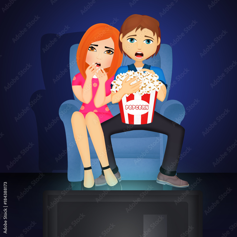 Naklejka premium illustration of people watching scary movies on TV