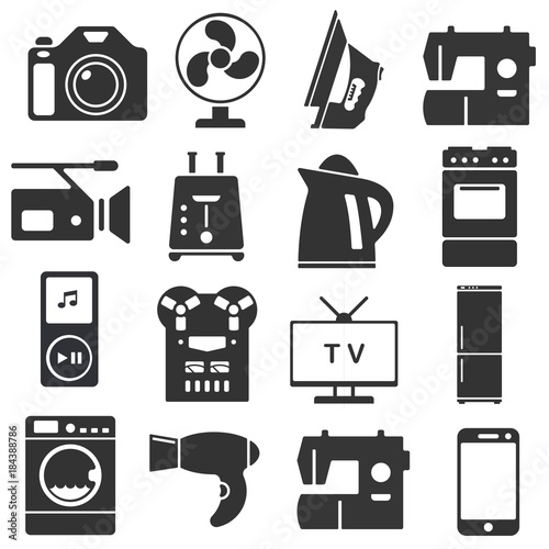 Set of household appliances and electronics icons, vector graphics
