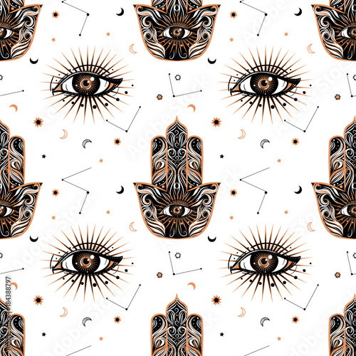 Seamless pattern in medieval celestial style with eye and hamsa or fatima amulet. Bohemian, gypsy motifs.