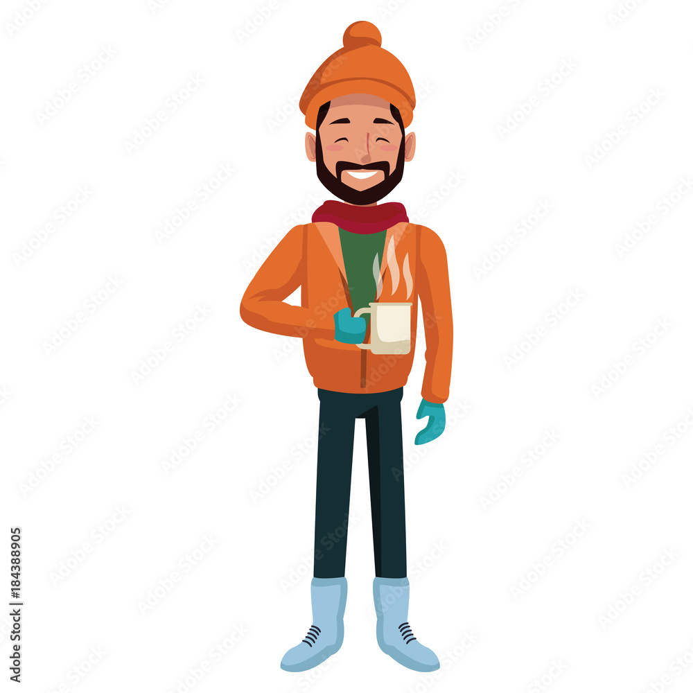 Young man with coffee cup winter cartoon Young man with coffee cup winter cartoon