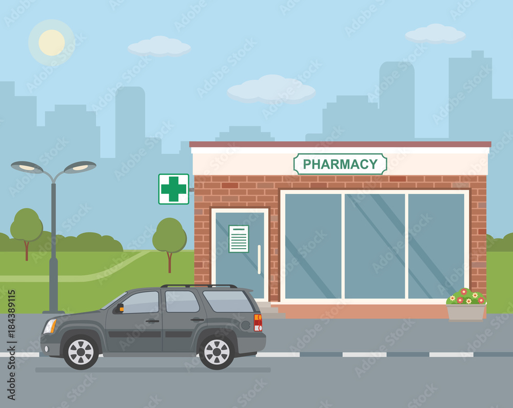 Facade pharmacy store and SUV car on city background. Flat style, vector illustration. 

