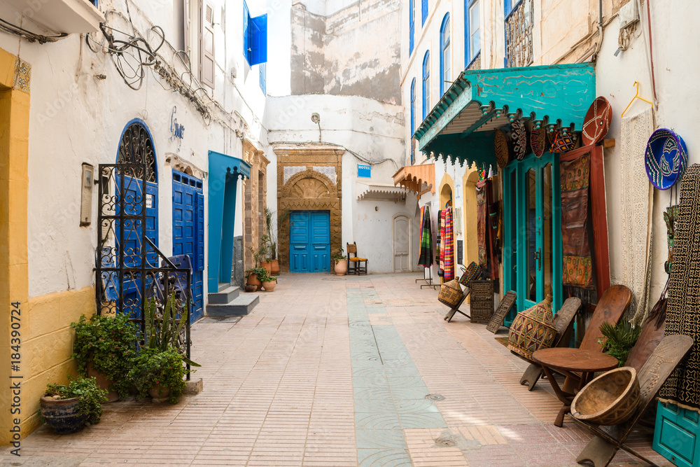 colorful street of essaouira old medina, morocco