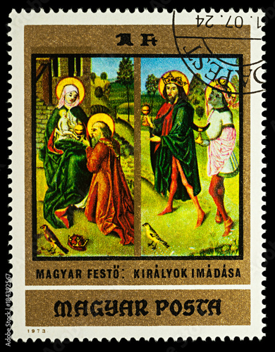 Painting "Adoration of the Kings" on postage stamp © Vic