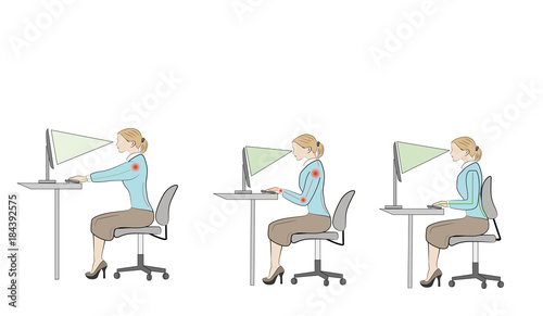 Fototapeta Naklejka Na Ścianę i Meble -  Correct sitting at desk posture ergonomics advices for office workers: how to sit at desk when using a computer 