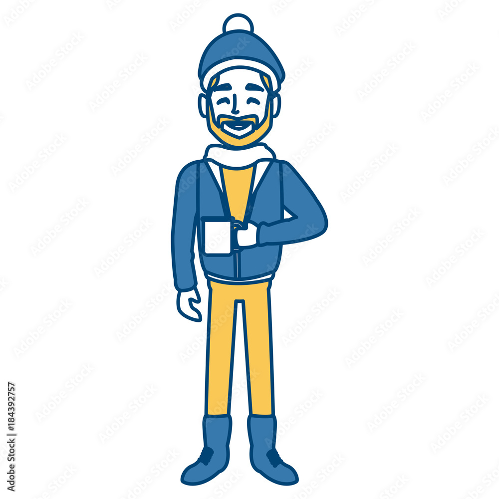 Young man with coffee cup winter cartoon