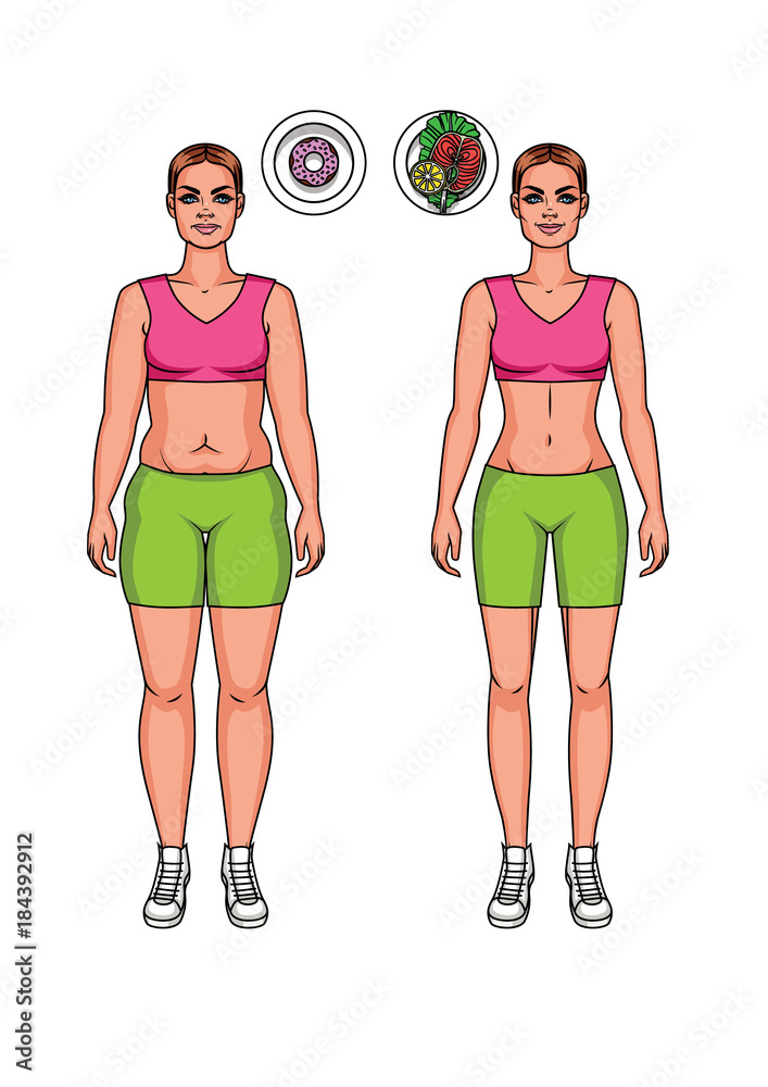 Pretty girl vector cartoon illustration in fitness clothes with healthy and  unhealthy food. Two body women types: overweight and slim. Weight loss  before and after illustration. Stock Vector | Adobe Stock