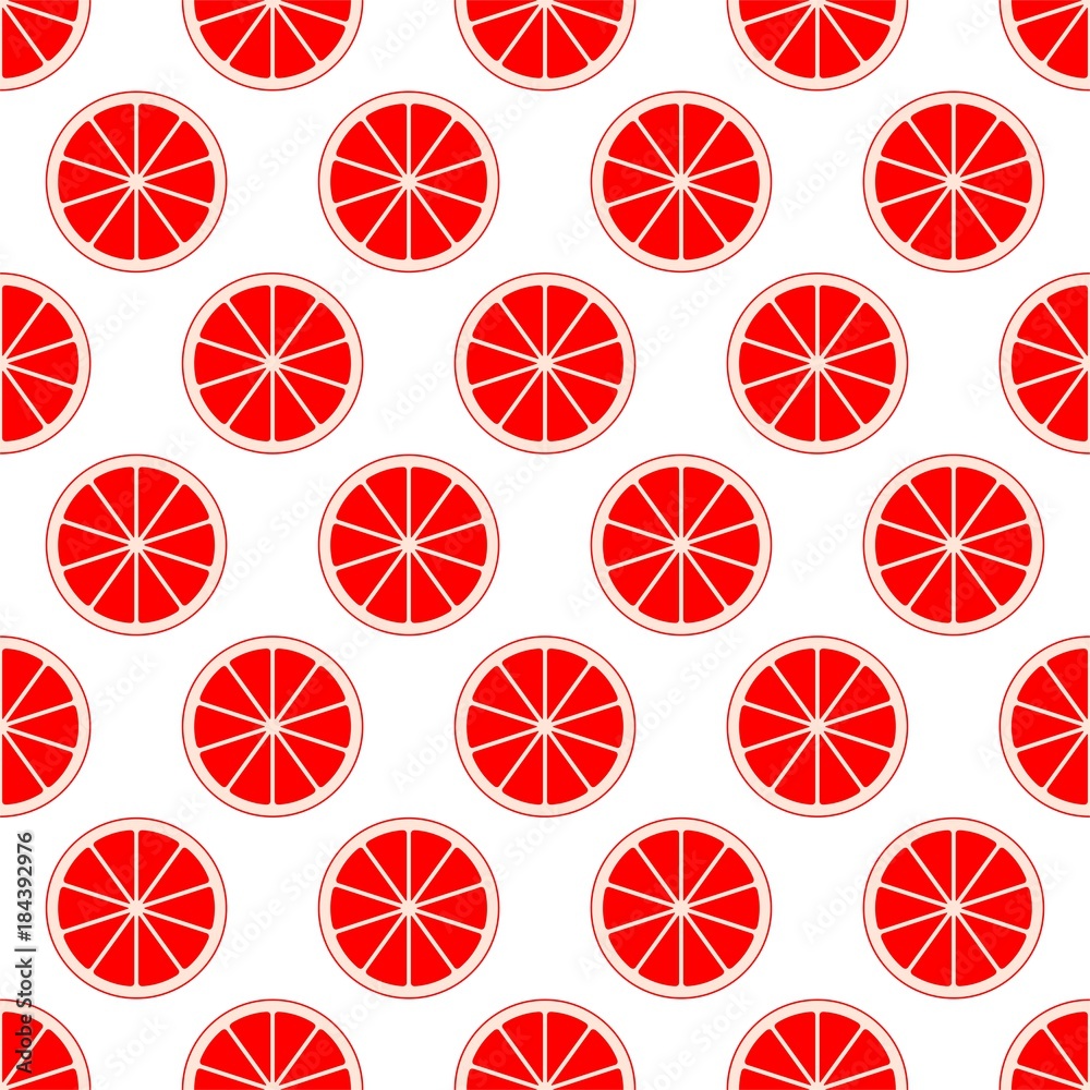 Red citrus background of cut fresh juicy grapefruit rings in row next to each other and alternately below. The concept of healthy fruit eat, diet meal 