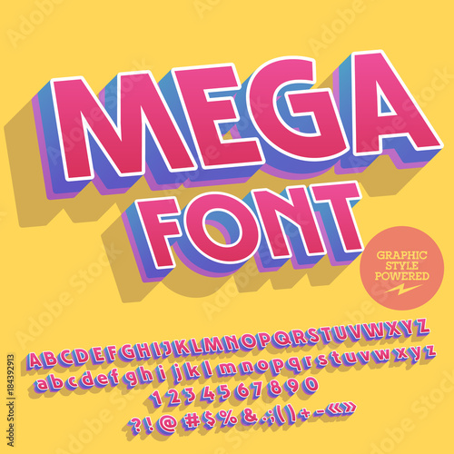 Vector colorful comic inclined Mega Font. Set of retro styled pink Alphabet letters, Numbers and Symbols with shadow. Graphic style Font