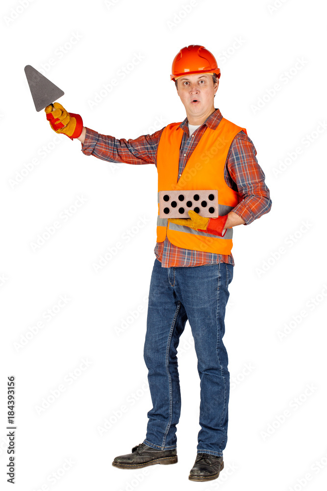 Full length portrait of a male builder in a helmet over white wall background. repair, construction, building, people and maintenance concept. Full length portrait of a male builder in a helmet over white wall background. repair, construction, building, people and maintenance concept.