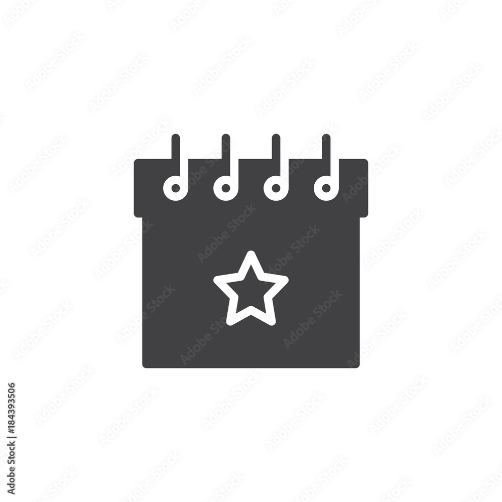 Favorite day calendar with star icon vector, filled flat sign, solid pictogram isolated on white. Party celebration symbol, logo illustration.