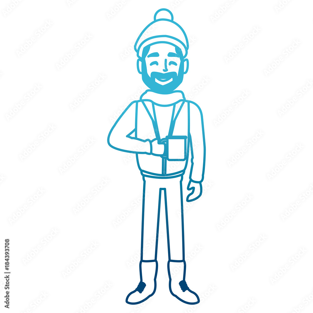 Young man with coffee cup winter cartoon
