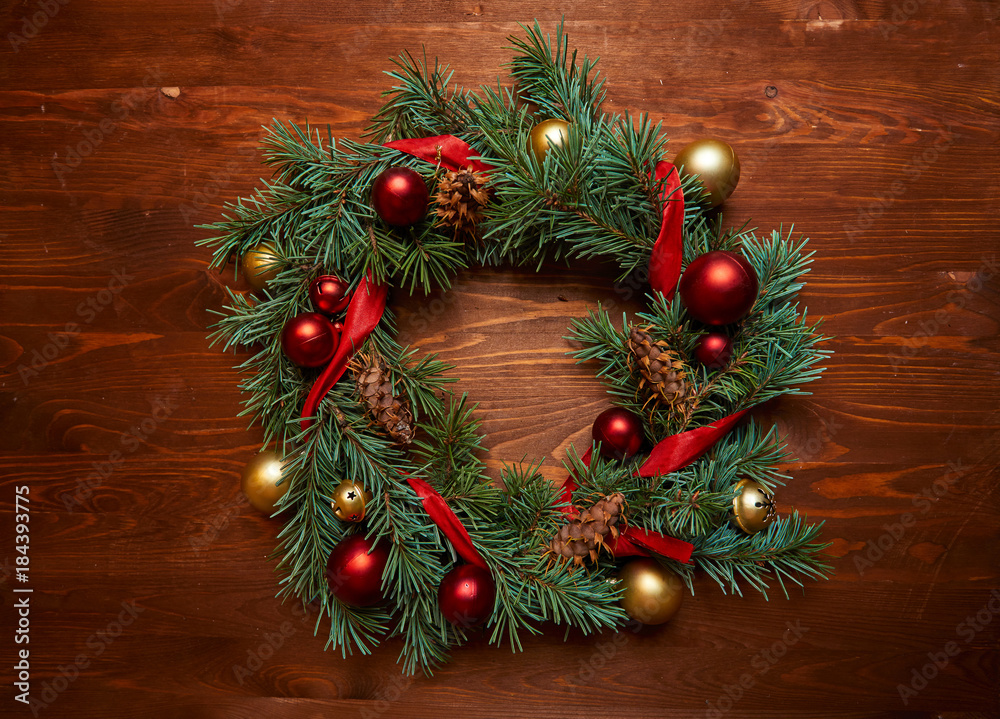 christmas wreath with red and golden balls christmas wreath with red and golden balls