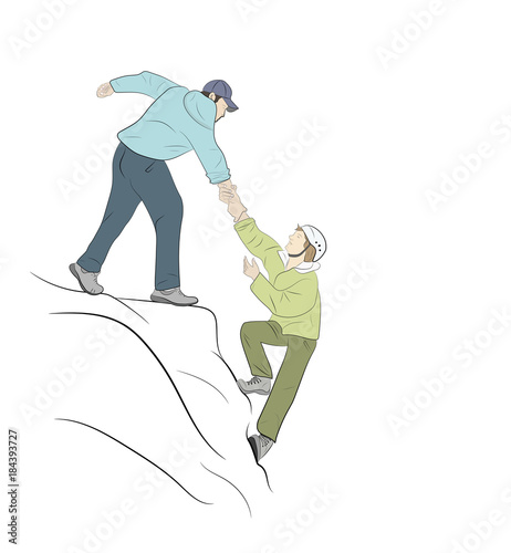 Hikers climbing on rock, mountain, one of them giving hand and helping to climb. Help, support, assistance in a dangerous situation. vector illustration