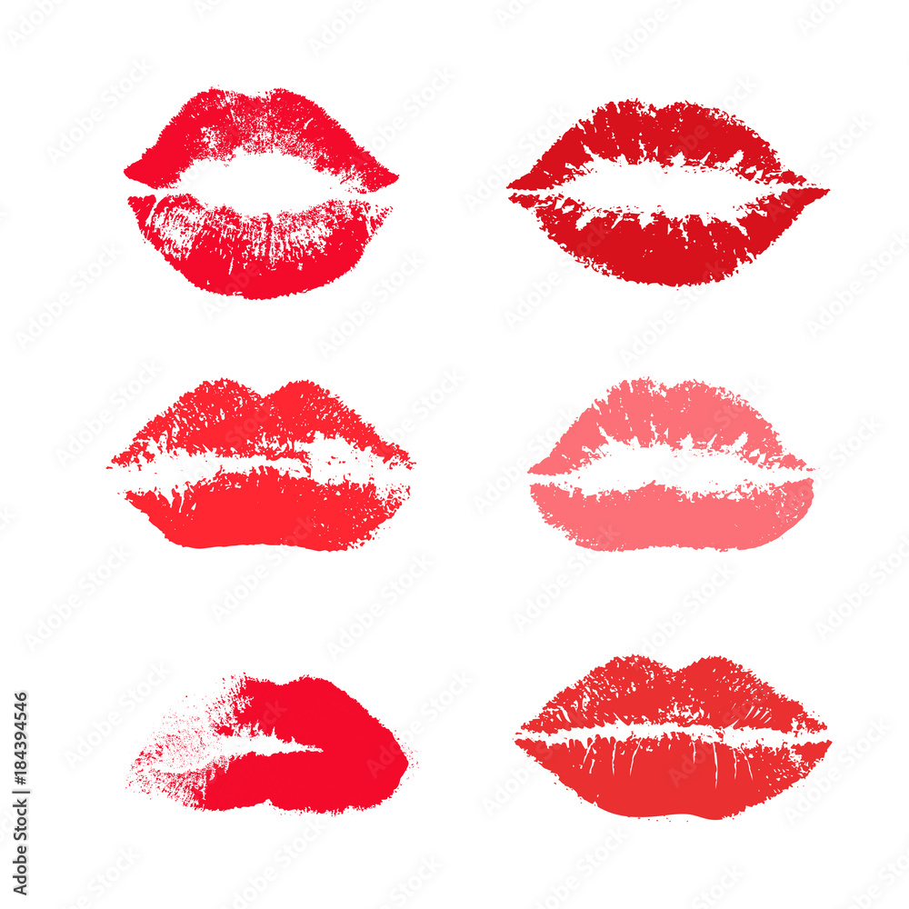 Set of reds lipstick kiss. Realistic vector illustration. Isolated on white background Set of reds lipstick kiss. Realistic vector illustration. Isolated on white background