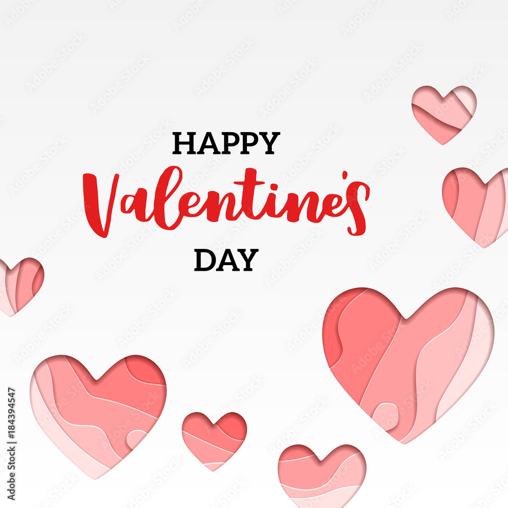 Vector greeting card for valenrines day. Modern papercut design. Romantic illustration with cutout multi layers of paper heart and lettering Happy Valentines Day.