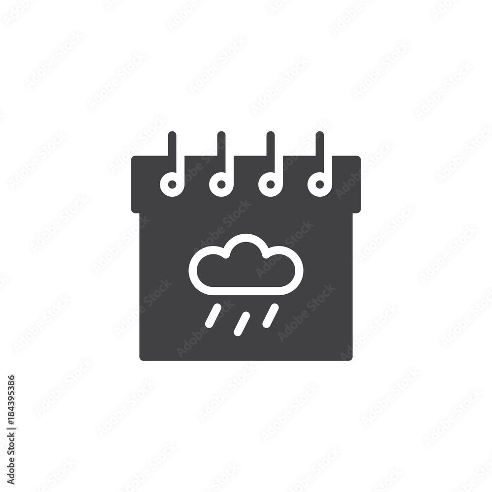 Calendar with rainy cloud icon vector, filled flat sign, solid pictogram isolated on white. Autumn season symbol, logo illustration.