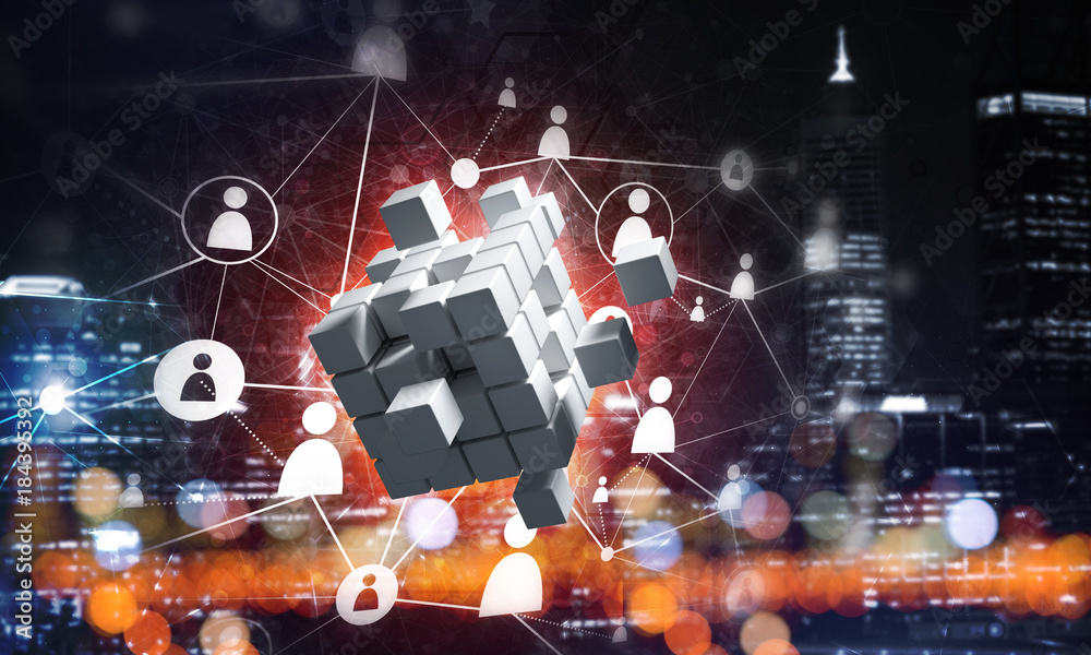 Obraz premium Concept of Internet and networking with digital cube figure on dark background
