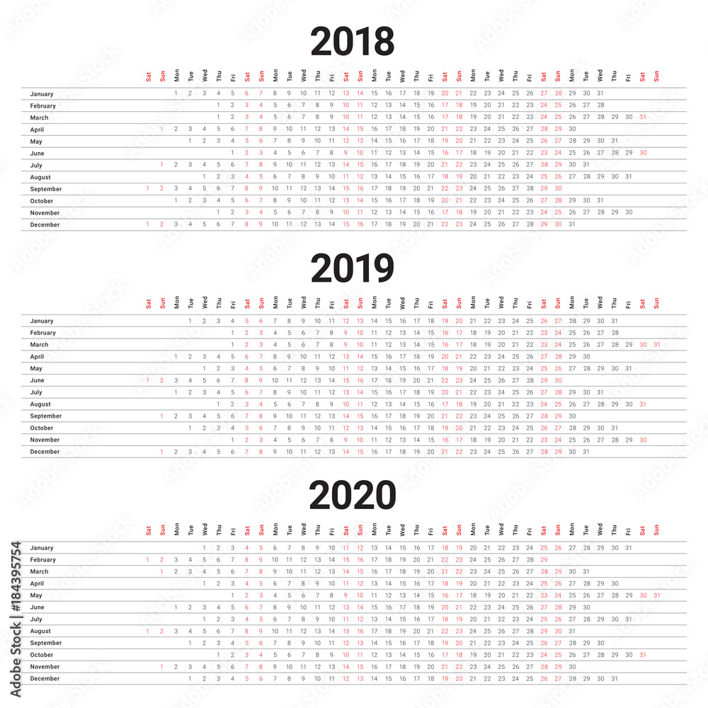 Year 2018 2019 2020 calendar vector Year 2018 2019 2020 calendar vector