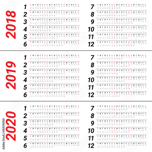 Year 2018 2019 2020 calendar vector