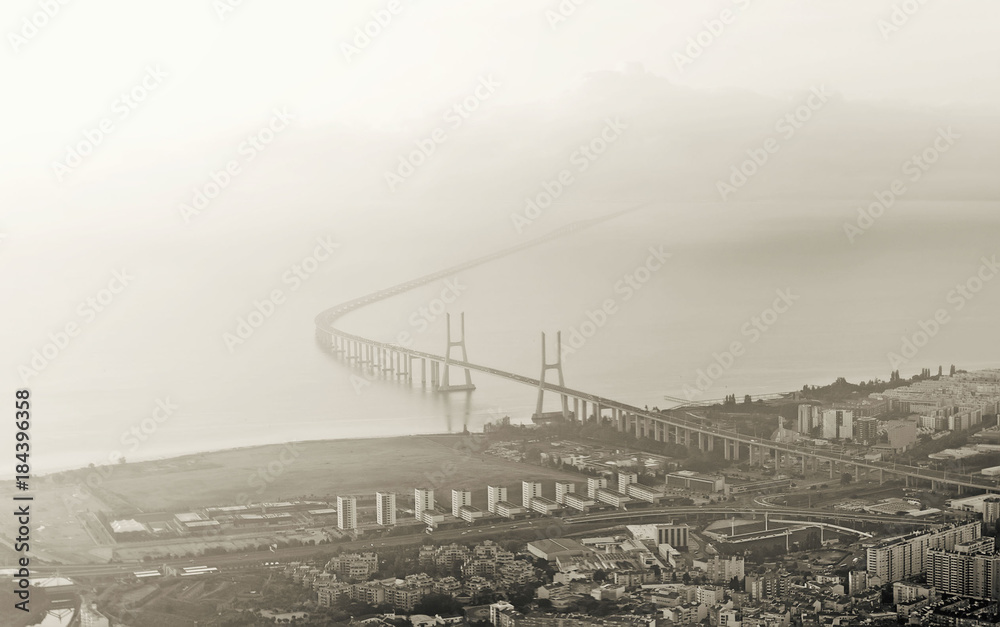 Obraz premium Aerial view of the bridge Vasco da Gama in Lisbon. Black and white image.