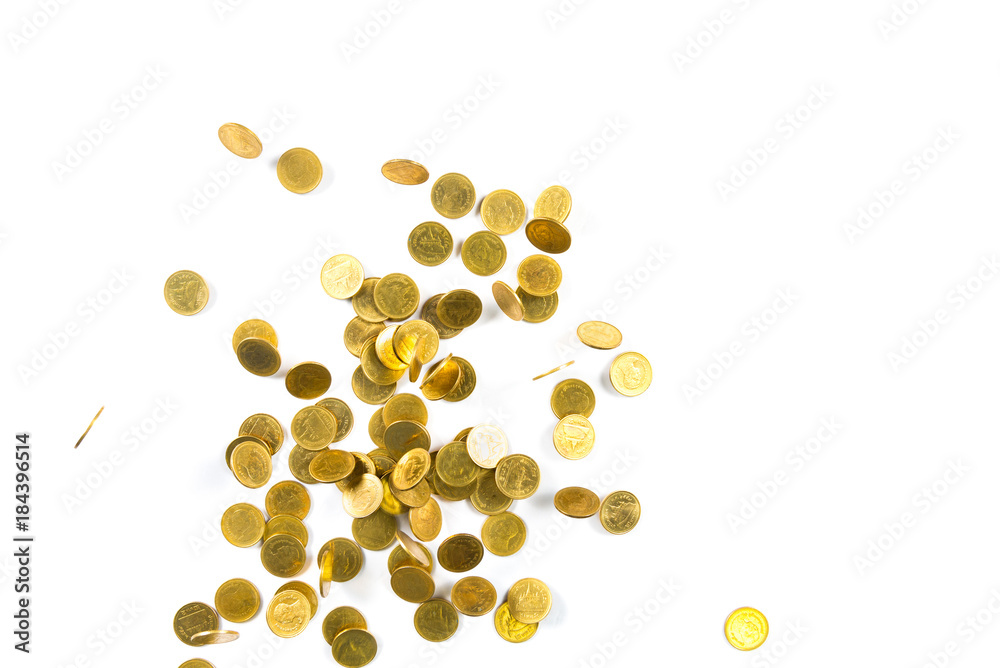 Top view of Falling gold coins money isolated on the white background, business concept. Top view of Falling gold coins money isolated on the white background, business concept.