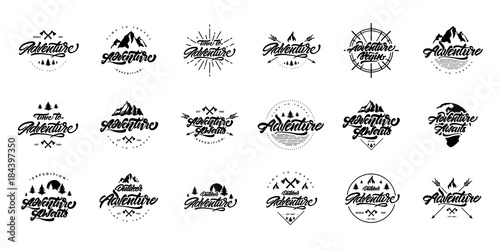Big black and white Adventure lettering set logos. Vintage logos with mountains, bonfires and arrows. Adventure logo design. Vector logos for your design. photo