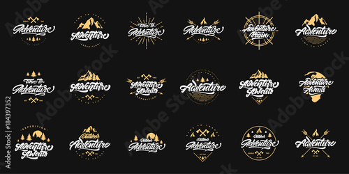 Big Adventure lettering set logos with gold illustrations. Vintage logos with mountains, bonfires and arrows. Adventure logo design. Vector logos for your design.