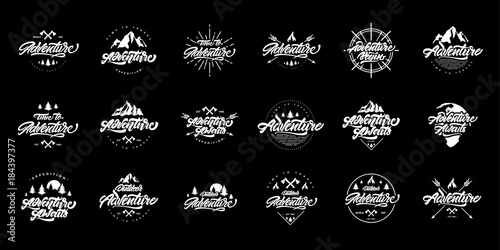 Big Adventure lettering set logos. Vintage logos with mountains, bonfires and arrows. Adventure logo design. Vector logos for your design.