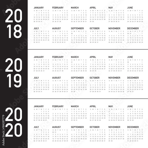 Year 2018 2019 2020 calendar vector
