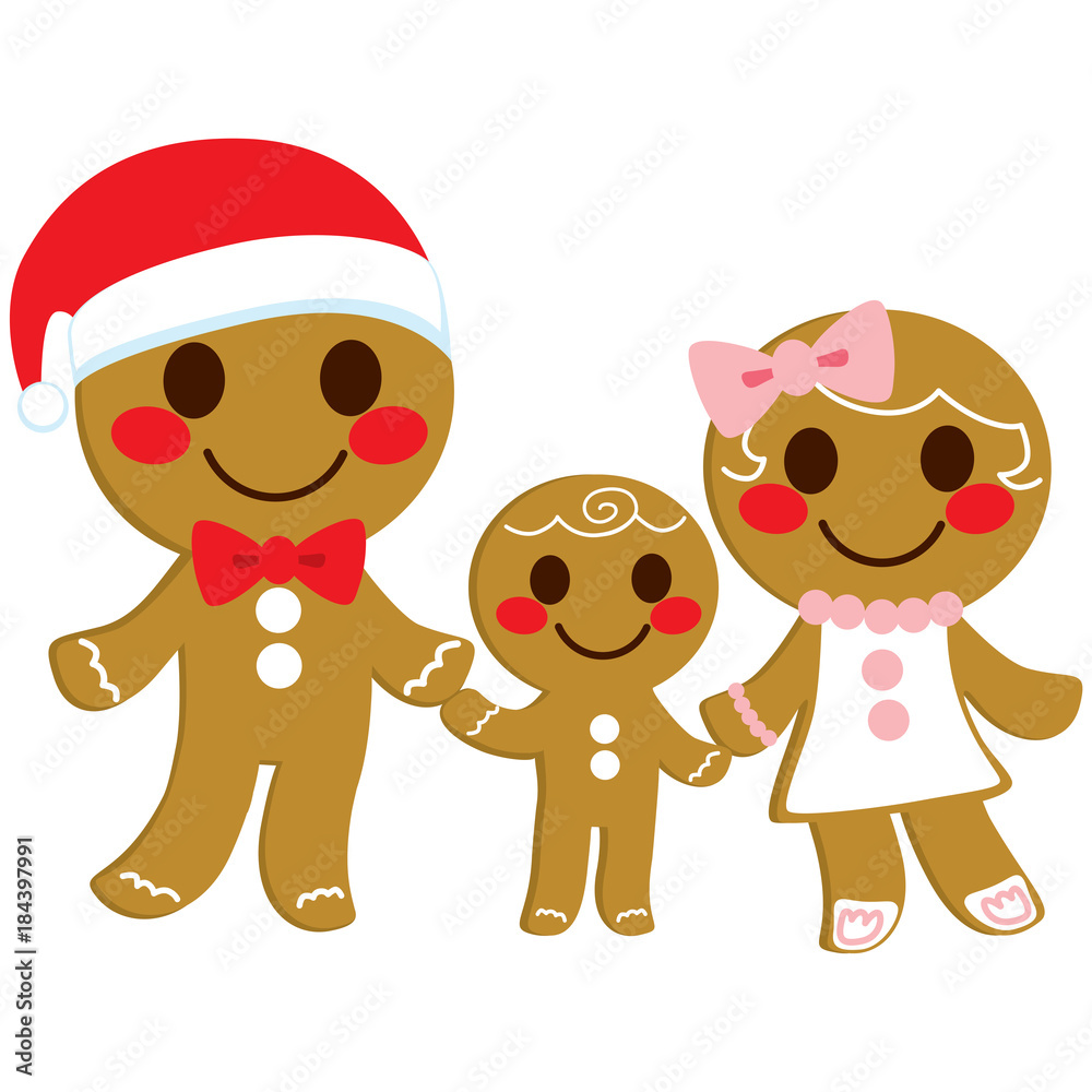 Cute happy sweet gingerbread cookie family holding hands on Christmas day