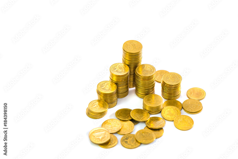 Columns of gold coins, piles of coins on white background Columns of gold coins, piles of coins on white background