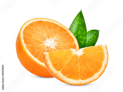 Fototapeta Naklejka Na Ścianę i Meble -  half and slice of orange fruit with green leaves isolated on white background