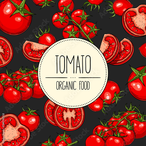 Vector hand-drawn banner with with tomatoes, slices, halves and cherry tomatoes. Vector illustration for shop, book, emblem, menu, label.