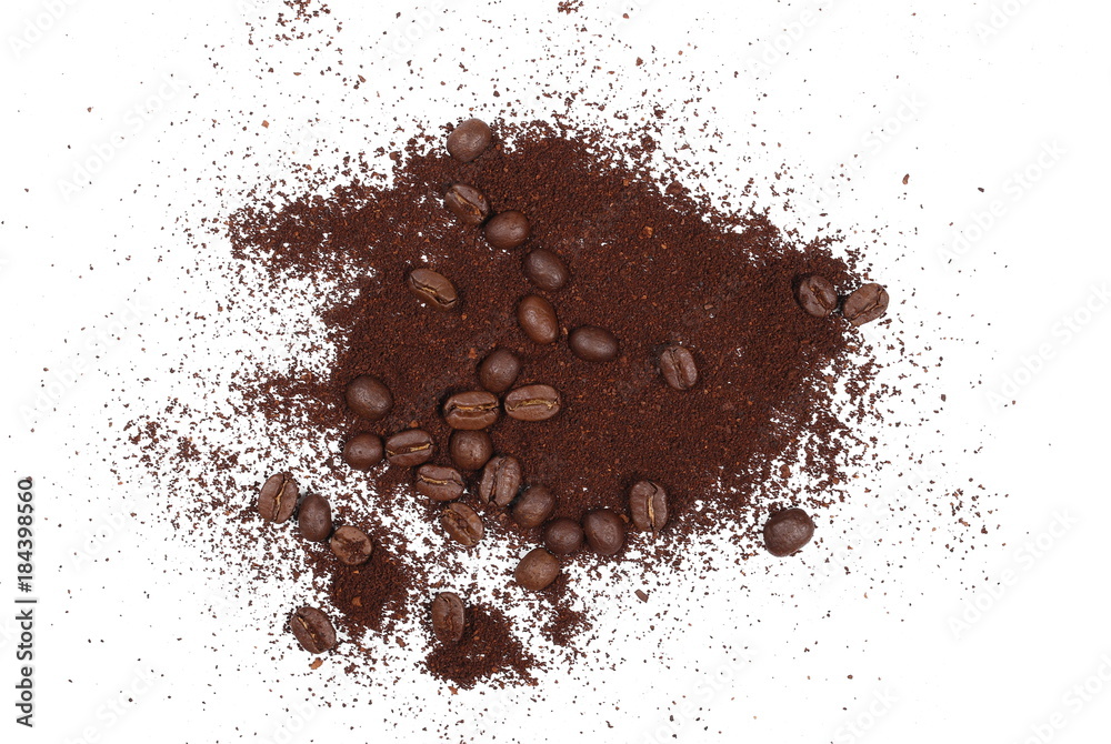 Pile of powdered, instant coffee and beans isolated on white background, top view Pile of powdered, instant coffee and beans isolated on white background, top view