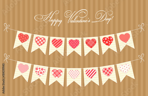 Cute festive retro bunting flags with different hearts