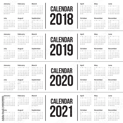 Year 2018 2019 2020 2021 calendar vector