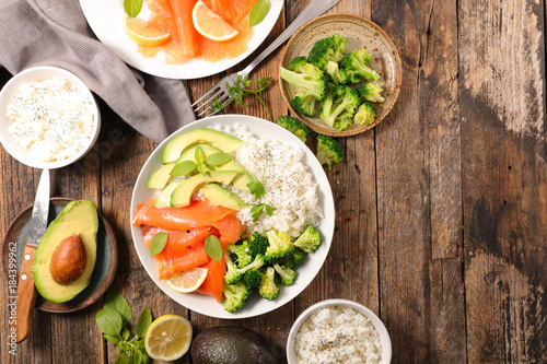 bowl with rice avocado broccoli and salmon