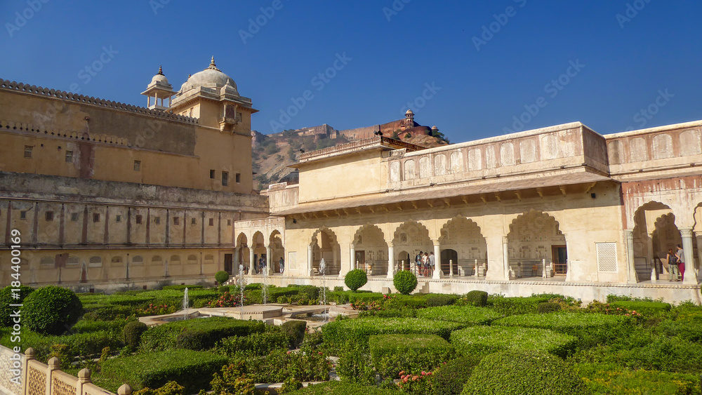 AMER, INDIA, OCTOBER 19, 2017 - Gardens of Amer Fort, Jaipur, Rajasthan, India, Asia.