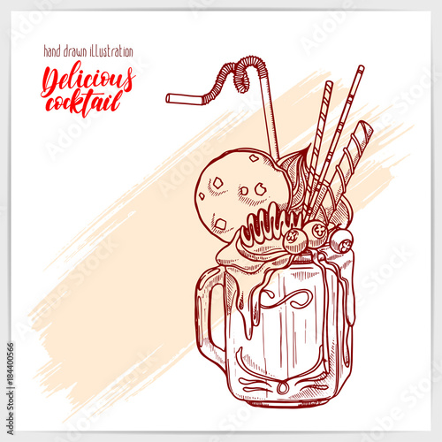 Sketched card with yummy monster milkshake with cookie and sweets. Hand drawn illustration with hand lettering headline.