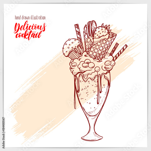 Sketched card with yummy monster milkshake with cake and sweets. Hand drawn illustration with hand lettering headline.