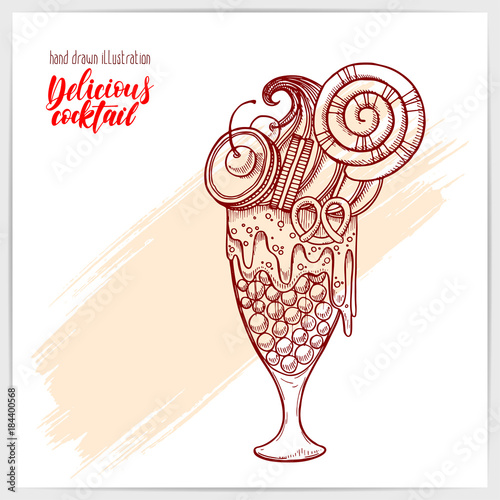 Sketched card with yummy monster milkshake with cookie and sweets. Hand drawn illustration with hand lettering headline.
