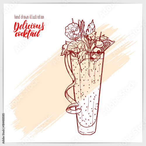 Sketched card with tasty fresh Bloody Mary cocktail with prawns, lime, olives and celery. Hand drawn illustration with hand lettering headline.