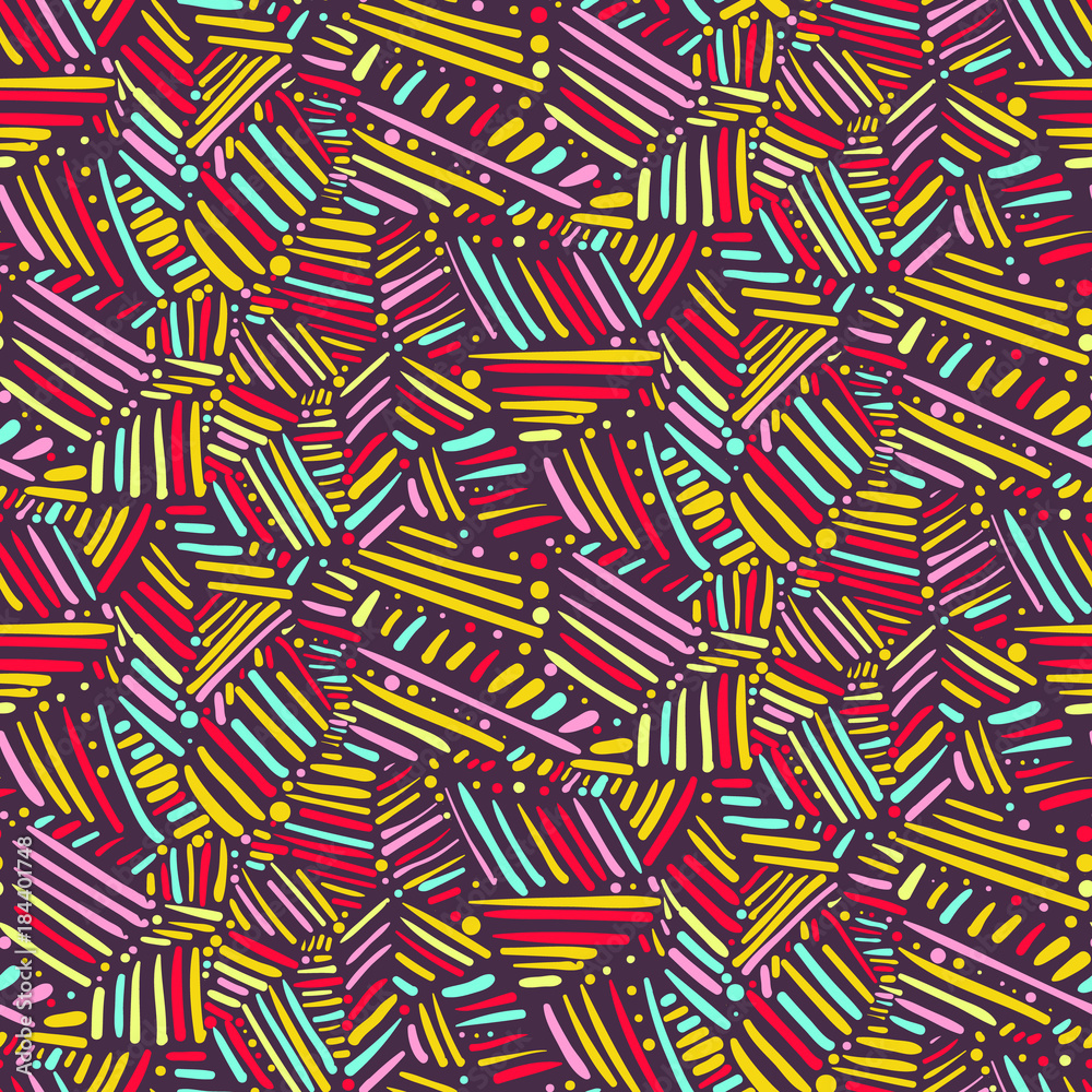 Tribal chaotic hand drawn lines seamless pattern. Abstract fashion trendy vector texture with colorful doodle scratches for textile, wrapping paper, cover, surface, background, wallpaper