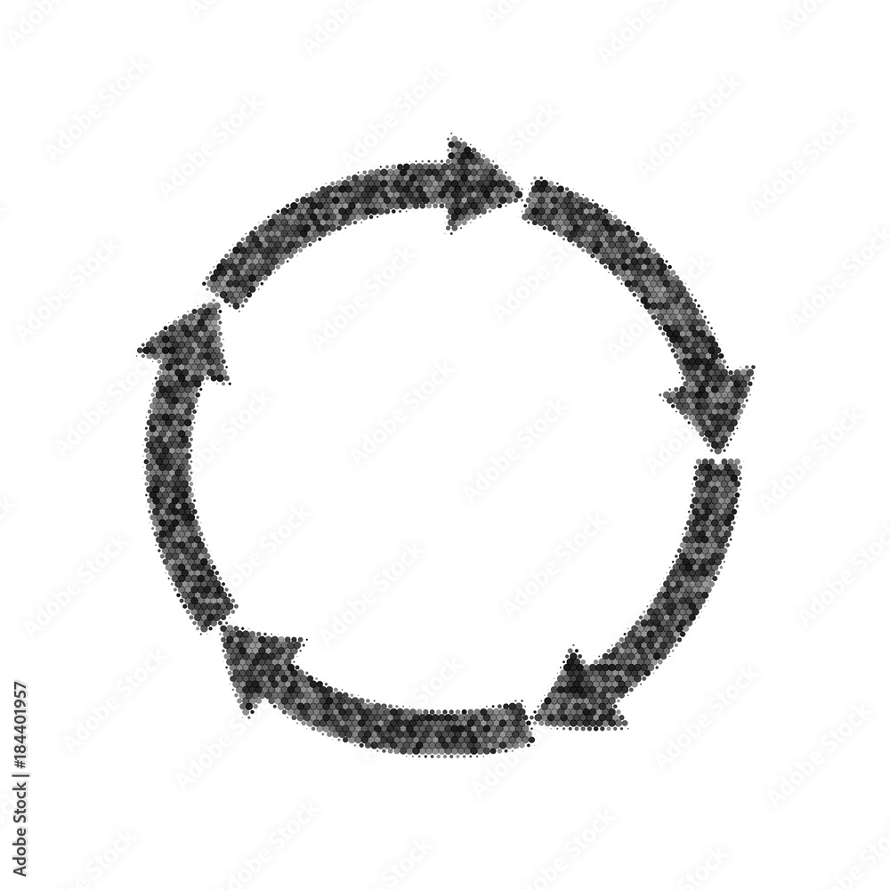 Circular arrows sign. Vector. Black icon from many ovelapping circles with random opacity on white background. Noisy. Isolated.