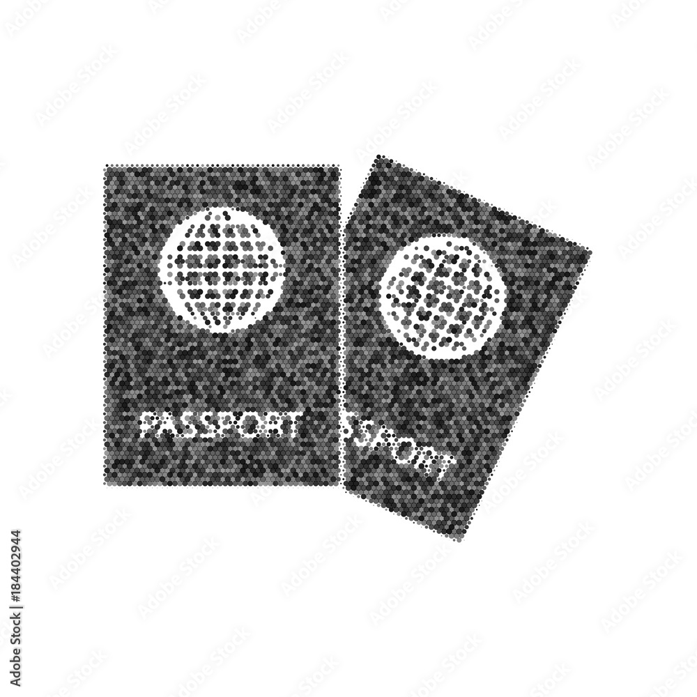 Obraz premium Two passports sign illustration. Vector. Black icon from many ovelapping circles with random opacity on white background. Noisy. Isolated.
