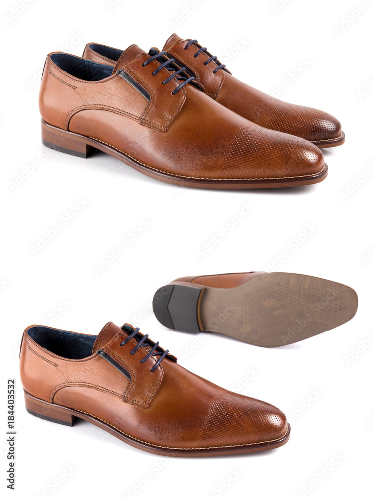 Male brown leather elegant shoe on white background, isolated product, footwear. Male brown leather elegant shoe on white background, isolated product, footwear.