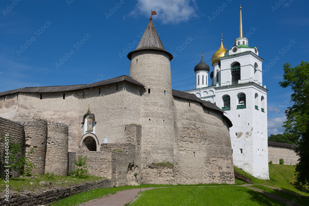 Wall of ancient Pskov Kremlin. Russia