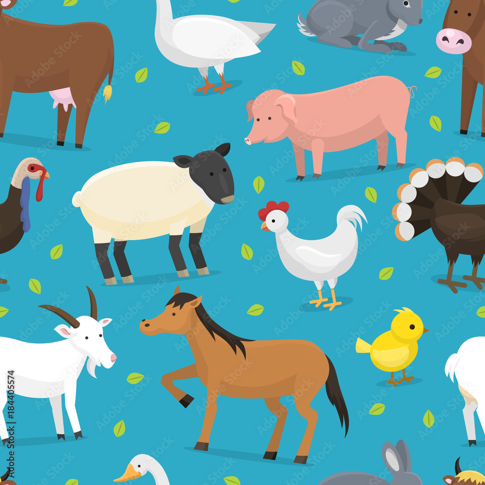 Farm vector animals domestic characters cow, chicken, pig, turkey, chuck, horse and sheep farmer animals set illustration farming seamless pattern background