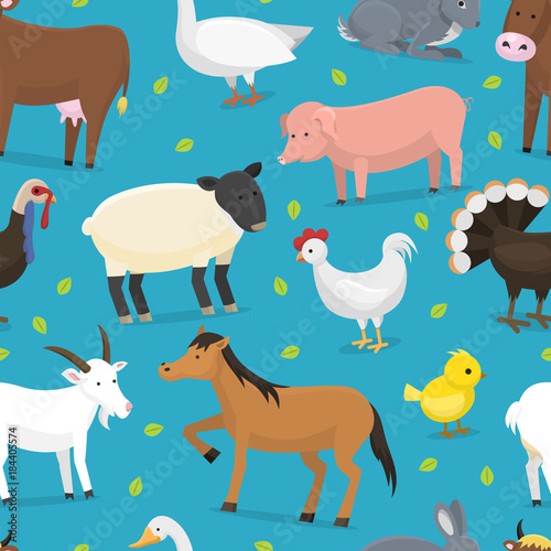 Farm vector animals domestic characters cow  chicken  pig  turkey  chuck  horse and sheep farmer animals set illustration farming seamless pattern background